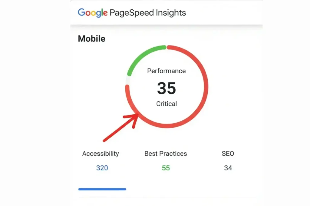 Resultado de baja velocidad de carga en la herramienta Google PageSpeed Insights